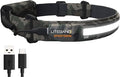 OPTIMAL VENTURES LITEBAND ACTIV Rechargeable LED Headlamp, 520 Lumens, 210° Wide Beam, Lightweight No-Bounce Fit, IPX4 Weather Resistant, Camo