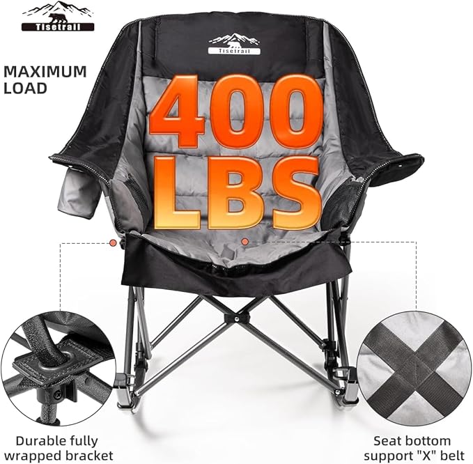 Oversized Rocking Camping Chairs Set of 2, Fully Padded Camp Chairs for Adults with Side Pocket and Cup Holder, Heavy-Duty 400lbs Capacity, Black & Gray