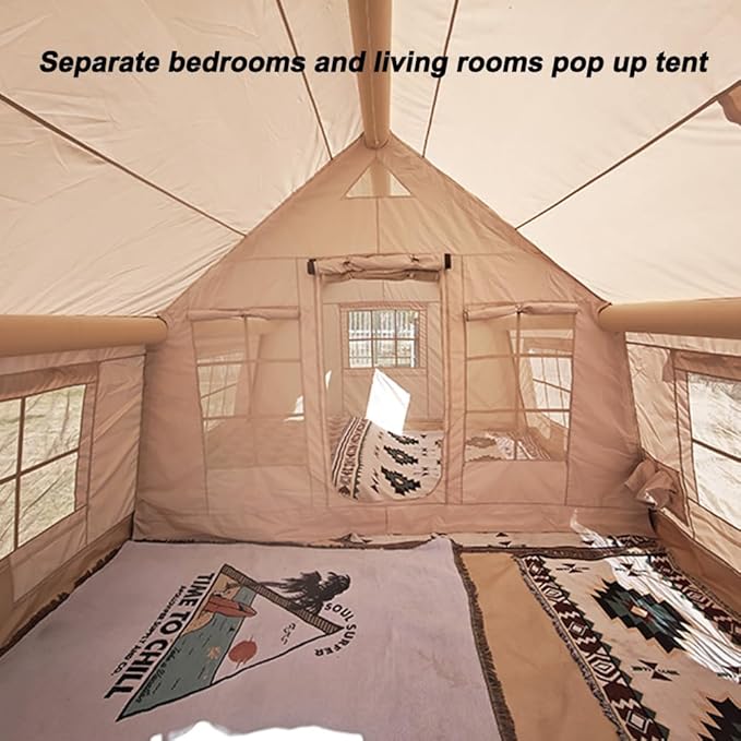 Large Luxury Inflatable Camping Tent Cotton Canvas Tent, Breathable and Waterproof Air Tent with Skylight and Stove Jack Hole for for 4-6-8-10 Person Family Camping