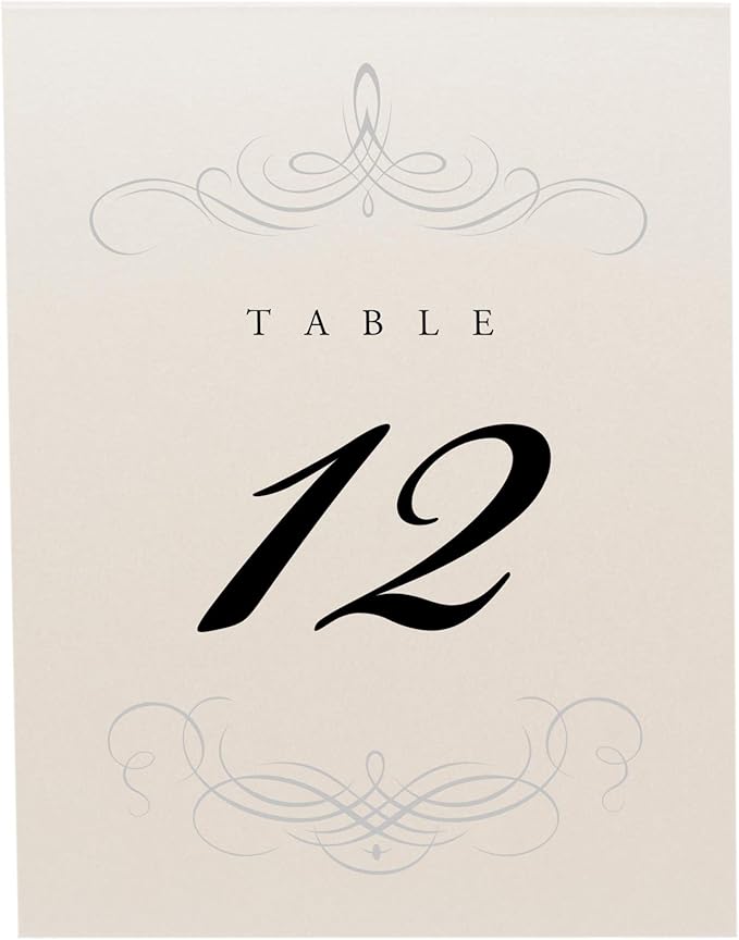 Decadent Flourish Wedding Table Numbers (Select Color/Quantity), Champagne, Silver, 1-45, Double Sided, Tent or Use in a Stand, Great for Parties & Restaurants - Made in the USA