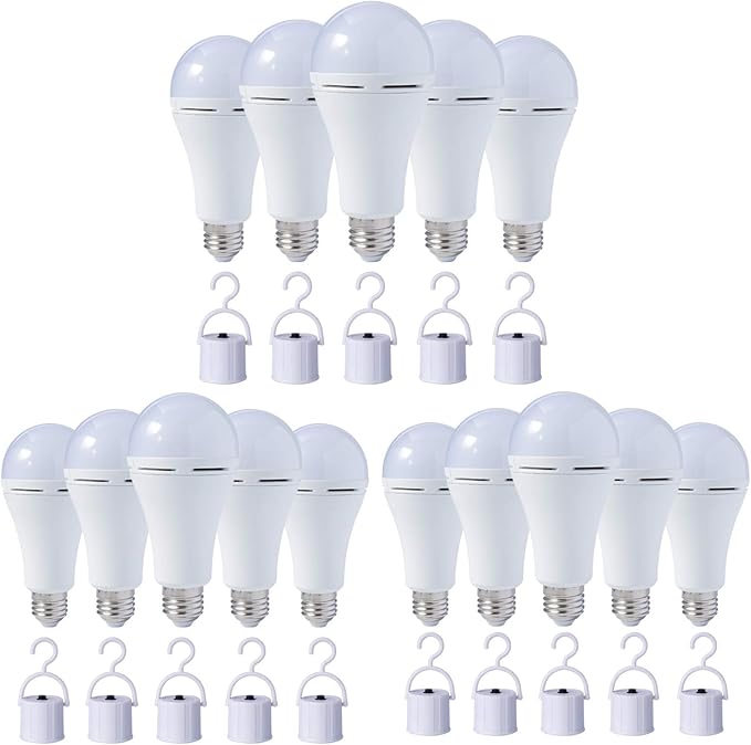 15 Pack HOLDWILL Rechargeable Emergency LED Bulb, Multi-Function Battery Backup Emergency Light for Power Outage Camping Outdoor Activity 9W 900LM 60W Equivalent White Daylight 6000K with E26/E27 Base