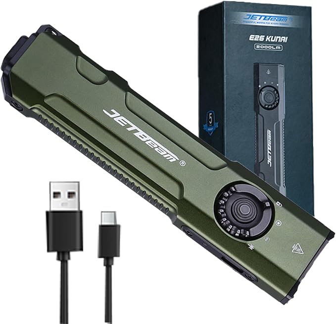 JETBeam E26 Rechargeable EDC Flat Flashlight 4 Constant Brightness Modes+Strobe+1300mW UV+Green Beam Combo,2000 Lumens Portable Pocket Lights,IPX-8,Triple Sources for Outdoors,Emergency,Working