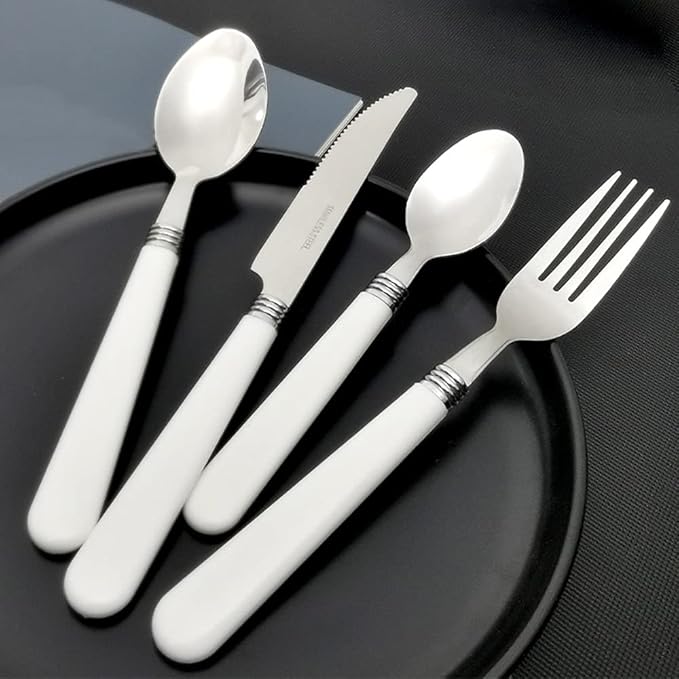 White Silverware Set for 8 Durable Stainless Steel Flatware Set 32 Piece Cutlery Tableware Utensils White Handle (ABS) Set Include Teaspoons Knives Forks and Spoons for Home Kitchen Christmas