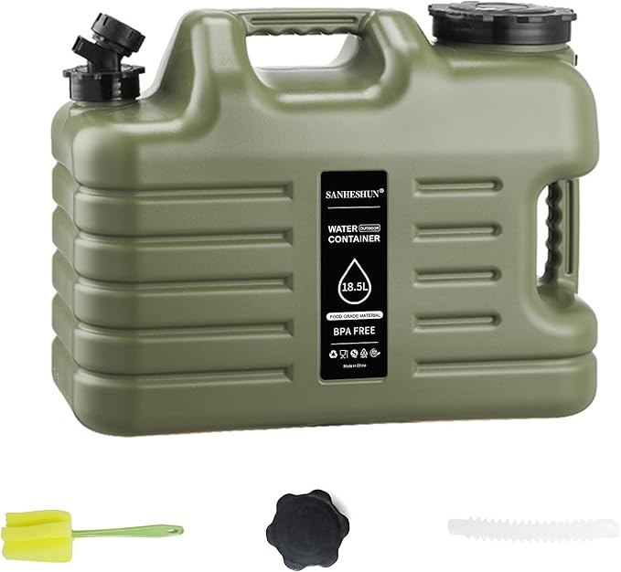 5 Gallon Water Jug,18.5L Portable Water Container with Spigot, Cleaning Brush, Detachable Hose & Extra Lid, Dual Handles Design, BPA-Free Camping Hydration Canteen, Outdoor Tank Storage PE - Green