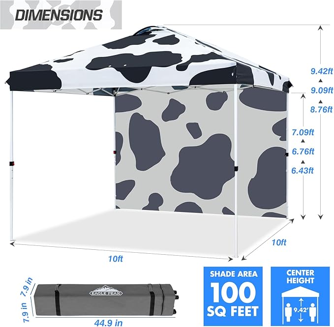 EAGLE PEAK Commercial Canopy 10x10 Pop Up Canopy Tent with 1 Sidewall, Easy Setup Heavy Duty Instant Event Shelter for Vendors & Markets, Outdoor Sun Shade, Cow Print