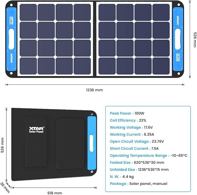 XTAR sp100 100w Portable Solar Panel Solar Power, Foldable Solar Panel Single Panel Solar Power Panel for Power Station Solar Generator RV Solar Camping not Included Independent EU4S Charger