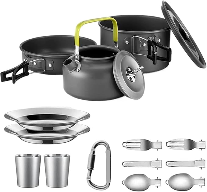 Compatible for Camping Cooking Set Cookware Travel Tableware Outdoor Picnic Teapot for 2-3 Peaple Non-Stick Pots Assorted Sets