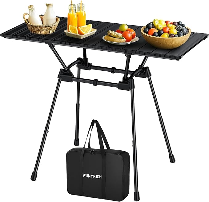 FUNYKICH 3ft Aluminum Roll Up Camping Table(L35''xW16''), 4 Height Adjustable Ultralight Folding Camp Table Up to 28'', Portable Tables with Carry Bag for Camping, Picnic, BBQ, Party, Backyard, Beach