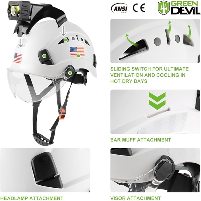 GREEN DEVIL Safety Hard Hat with Rechargeable Headlamp Light and Helmet Liner Chin Strap Men Vented Work Hardhats ANSI Z89.1 Approved Cascos de Construccion Ideal for Industrial Construction Forestry