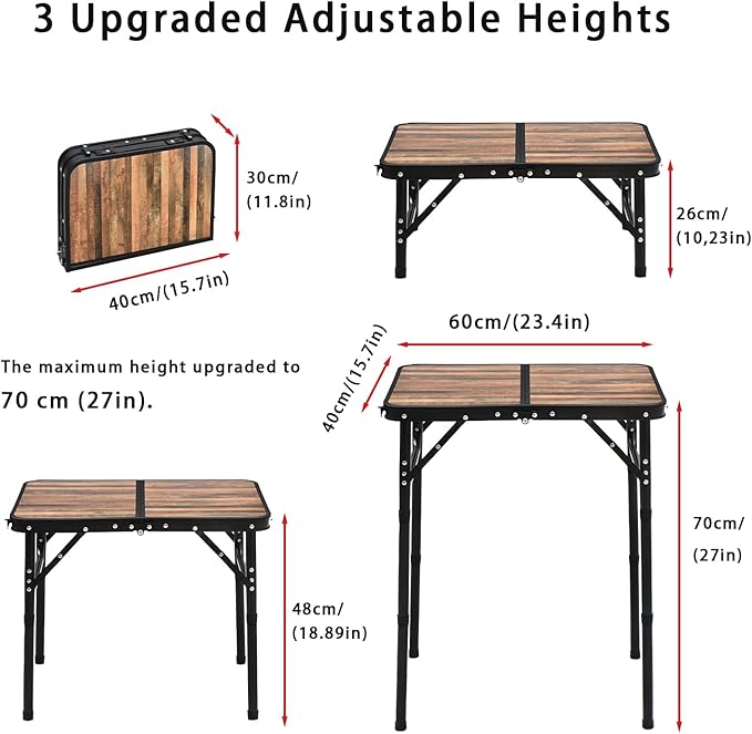 Mini Folding Camping Table - 2ft Lightweight Adjustable Height with Carry Handle, Anti-Stain Desktop for Outdoor Glamping/Picnic/Patio & Indoor Decor (24" L×16" W)