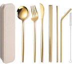 Flatware Silverware Set, Stainless Steel Portable Tableware Set Portuguese Chopsticks Straws Outdoor Camping Knife Fork Spoon, Tableware Cutlery Set(Gold,12Set)