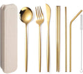 Flatware Silverware Set, Stainless Steel Portable Tableware Set Portuguese Chopsticks Straws Outdoor Camping Knife Fork Spoon, Tableware Cutlery Set(Gold,1Set)