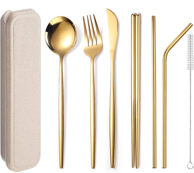 Flatware Silverware Set, Stainless Steel Portable Tableware Set Portuguese Chopsticks Straws Outdoor Camping Knife Fork Spoon, Tableware Cutlery Set(Gold,8Set)