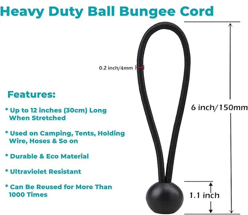 50 Pcs 6 Inches Ball Bungee Cords, Black Heavy Duty Tarp Bungee Cord with Ball, 4mm Thickness Weather Resistant Tie Down Strap, Use for Camping, Tents, Holding Wire and Hoses