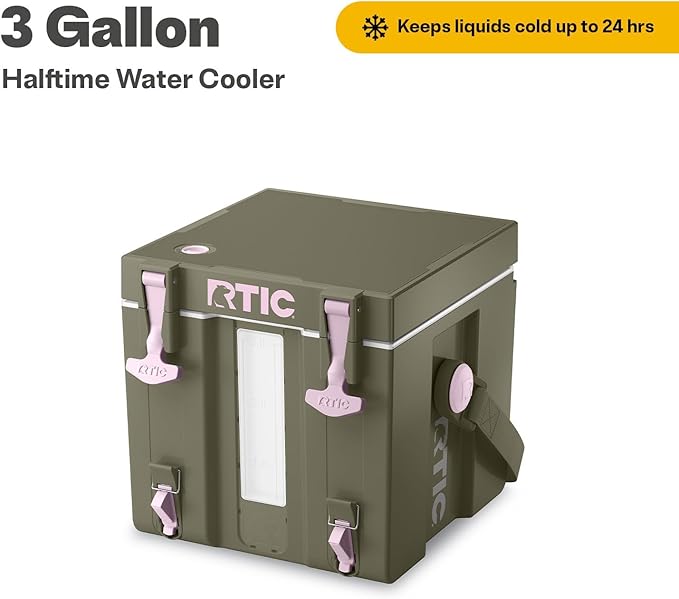 RTIC Halftime Water Cooler 3 Gallon Portable Carrier Container, Drink Beverage Dispenser, Stackable with 2 Taps, Bottleless, BPA-Free, for Sports, Camping, BBQ, Parties, Picnic, Olive/Pale Pink