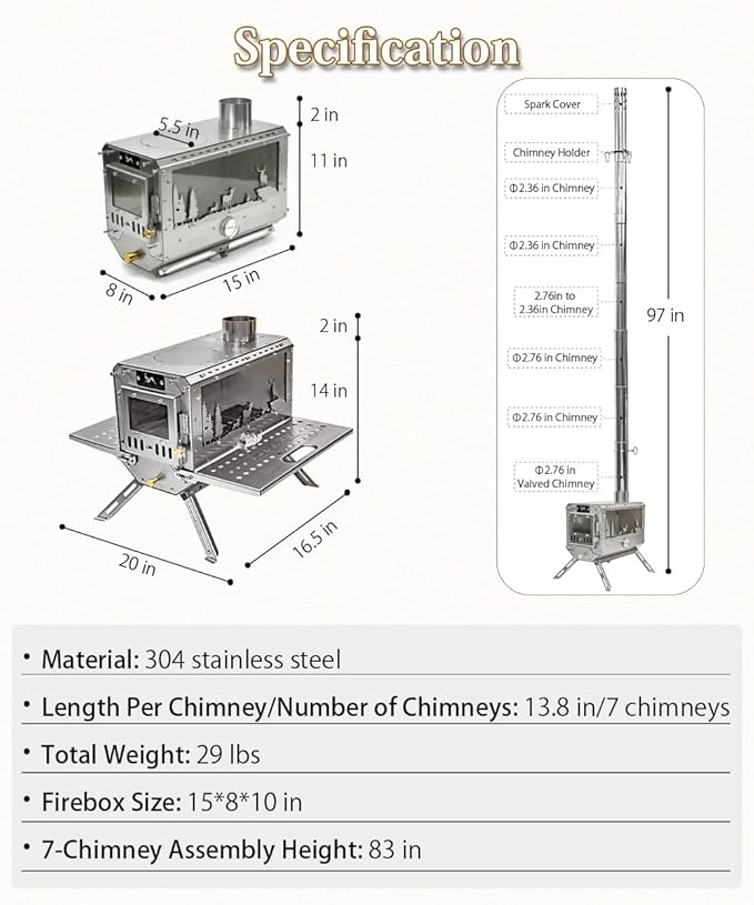 TOMOUNT Hot Tent Stove,Wood Stove with 7 Chimney Pipes,304 Stainless Camping Tent Stove with Spark Damper, Wood Burning Stove for Cooking and Heating，with heat-resistant Glass Window