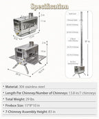 TOMOUNT Hot Tent Stove,Wood Stove with 7 Chimney Pipes,304 Stainless Camping Tent Stove with Spark Damper, Wood Burning Stove for Cooking and Heating，with heat-resistant Glass Window