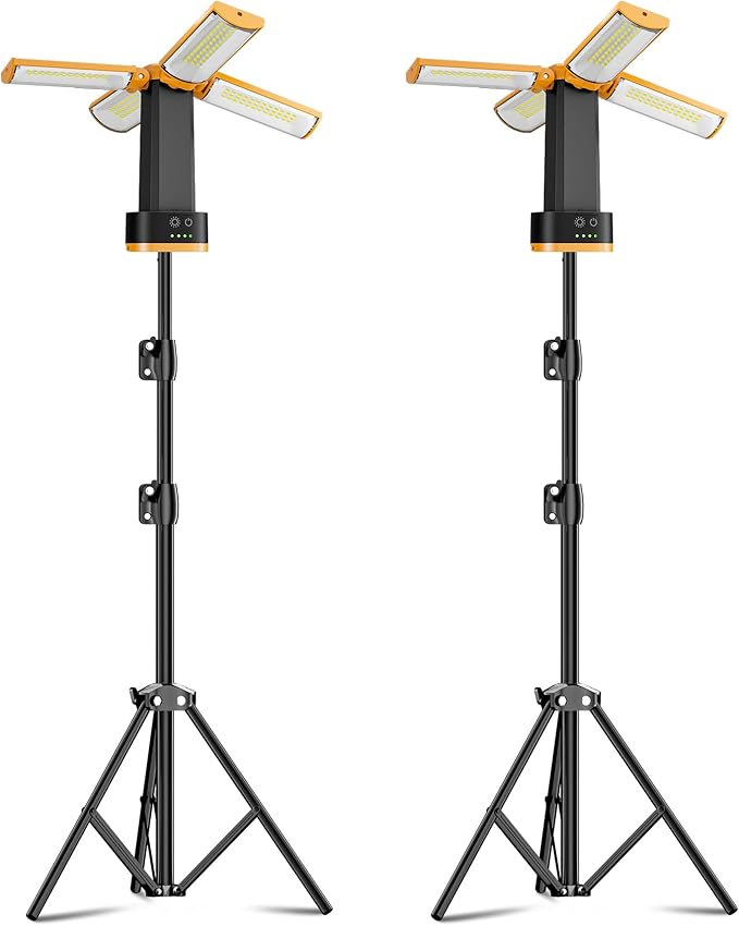 CORESLUX Rechargeable Camping Lights with Stand, 6000K Portable Work Light with 4 LED Lamp Heads, Magnetic Work Light Camping Essentials for Outdoor Work, Garage, Camping, Fishing, 2 PACK