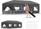 10x30 Pop Up Canopy with 8 SideWalls - Heavy Duty Outdoor Canopy Tent with Portable Roller Bag - 3 Adjustable Height, 4 Weight Bags, 8 Stakes & 6 Guy Ropes Included-Grey