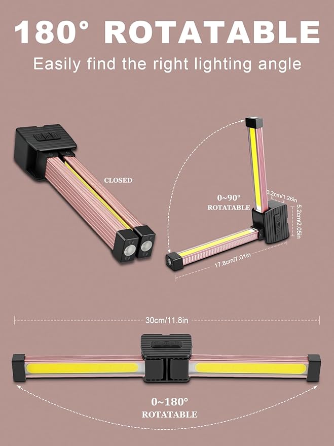 Gym Lamp, Portable Gym Lighting for Posing, Magnetic Work Light with Portable Charger, Gift for Men/Women, 180° Rotate Foldable with Hang Hook Camping Lamp, LED Handheld Flashlight-Rose