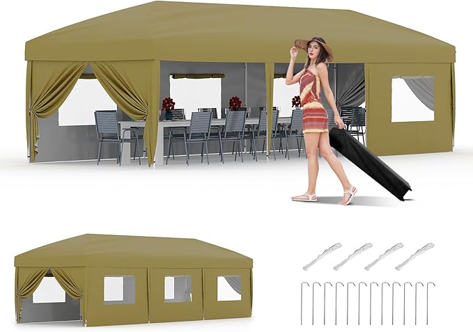 10x30 Pop Up Canopy with 8 SideWalls - Heavy Duty Outdoor Canopy Tent with Portable Roller Bag - 3 Adjustable Height, 4 Weight Bags, 8 Stakes & 6 Guy Ropes Included-Khaki