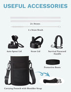 64 OZ Insulated Water Bottles with Straw & Spout Lids, Waterbottle Carrier with Strap, Protective Boot & Paracord Handle, Half Gallon Water Bottle 64oz Stainless Steel Water Canteen for Sports Gym