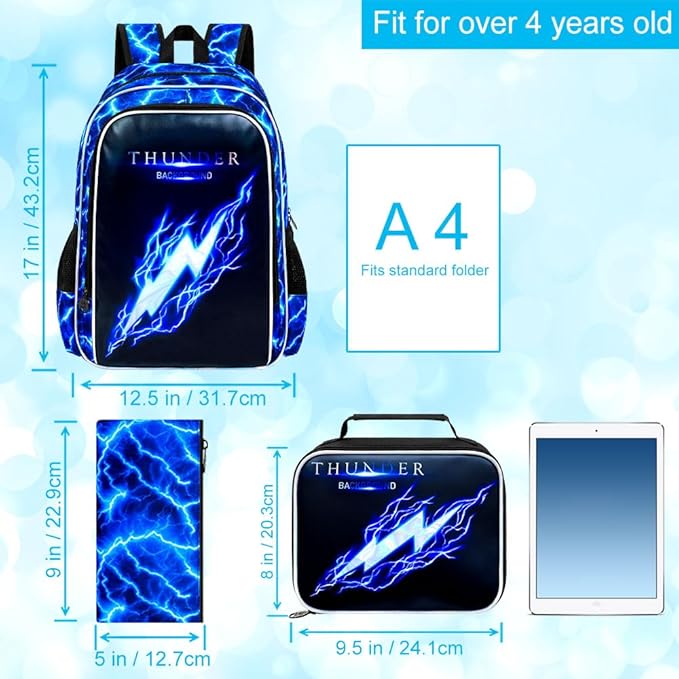 17" Backpack for Boy, 3Pcs Lightning Bookbag for Elementary Preschool Kindergarten, Kids School Backpacks with Lunch Box (Blue)