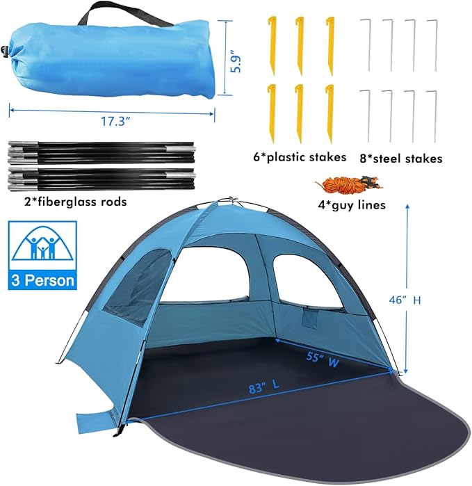 WhiteFang Beach Tent Anti-UV Portable Sun Shade Shelter for 3 Person, Extendable Floor with 3 Ventilating Mesh Windows Plus Carrying Bag, Stakes and Guy Lines (Blue)