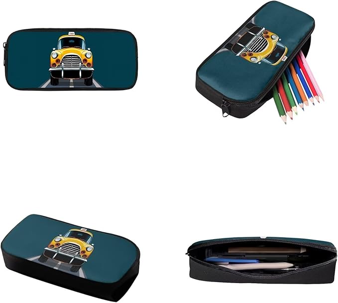 3 Set of Cartoon Taxi Pattern Backpack Set with Portable Lunch Box and Multilayer Structure Dirt-resistant Pencil Case for Boys Elementary High School Students