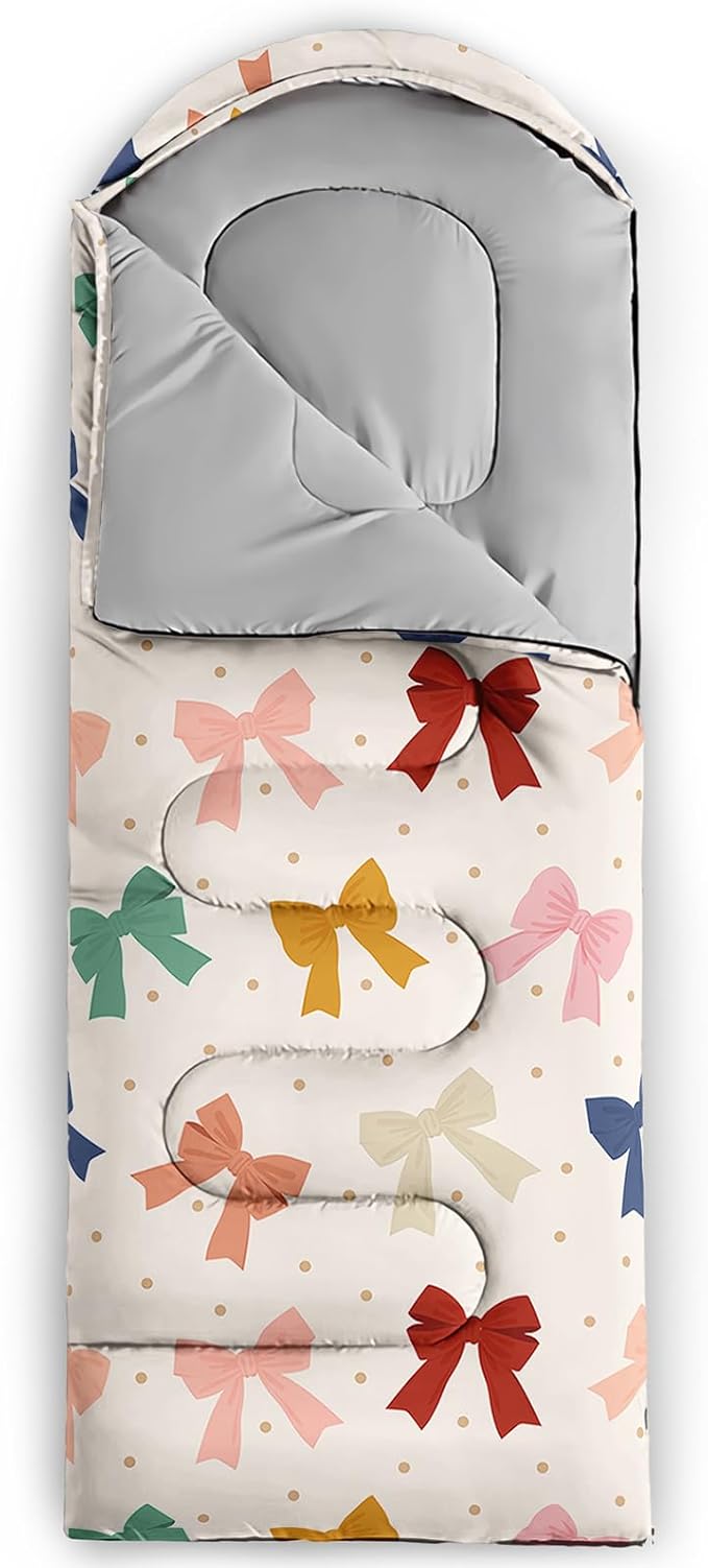 Colorful Bow Sleeping Bag, 3 Season Warm Cool Weather, Hand Drawn Bow Camping Sleeping Bag for Adult, Cute Bowknot Camping Backpacking for Outdoor Traveling Hiking Hunting Gear Equipment