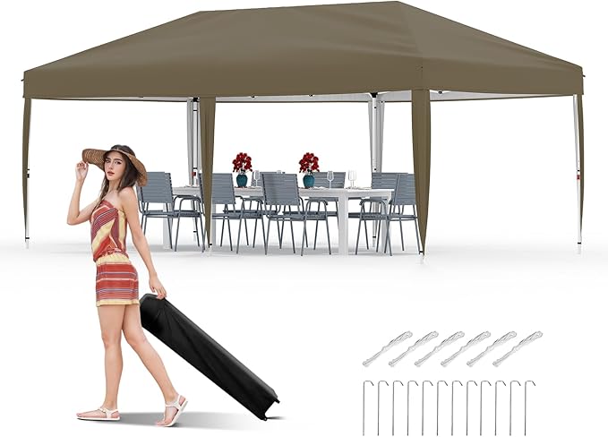 10x20 Pop Up Canopy - Easy Up Camping Tent with One Roller Bag, 3 Adjustable Height, 4 Weight Bags for Deck, Garden, Sports, Beach, Party - Tan