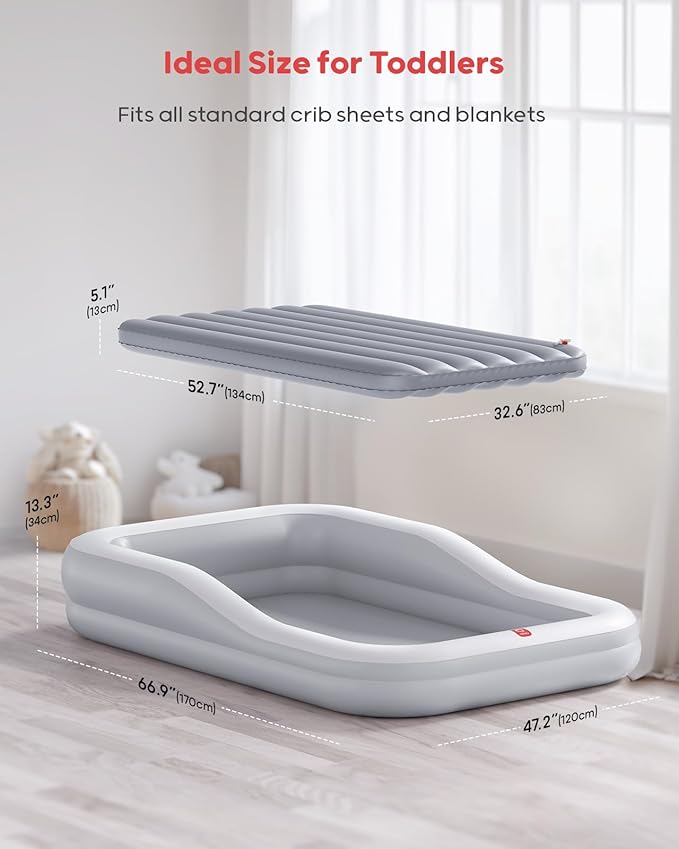 QPAU Inflatable Toddler Travel Bed with Tent, Portable Kids Air Mattress with Safety Sides, Ideal for Home, Grandma's, Camping, Traveling -Includes Fast Electric Pump