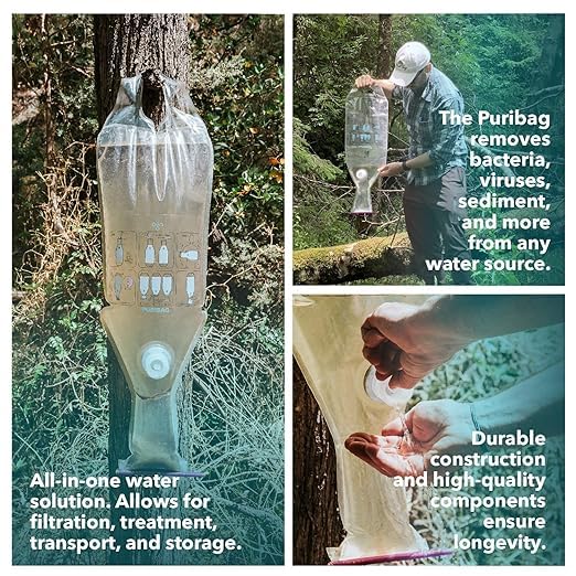 Puribag Gravity Water Filter - Portable Water Filtration System and Backpacking Filter for Camping, Hiking and Emergency Treatment - 2.5 Gallon Bag - Hangs Anywhere