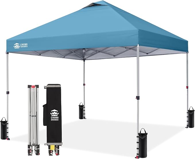 CROWN SHADES 10x10 Pop Up Canopy - Beach Tent with One Push Setup - Easy Outdoor Sun Shade for Events, Parties, Camping - Gazebo with STO-N-Go Cover Bag, Silver Coated Top, Cyan Blue