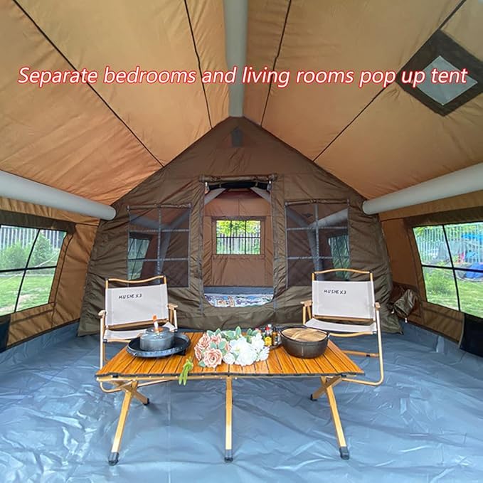 4 Season Inflatable Camping Tent with Separate Living and Sleeping Area,3000mm Waterproof Pop-Up Tent with Pump and Stove Jack Hole,4-6 Person Glamping Tent
