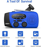 Esky Emergency Hand Crank Radio with 3 LED Flashlight, AM/FM/NOAA Portable Weather Radio with 2000mAh Rechargeable Battery, Solar Powered USB Charged Radio for Indoor Outdoor Camping, Blue