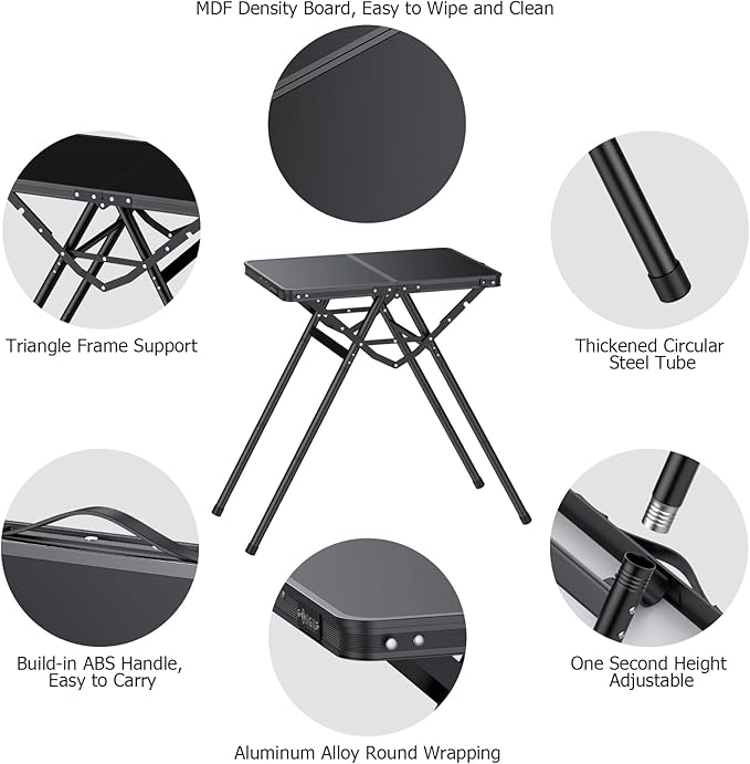 JiGiU Folding Camping Table Height Adjustable Aluminum Alloy Foldable Pinic Table 180lbs Capacity with Handle Stable Triangle Feet for Outdoor Indoor Hiking Camp BBQ Beach (Black, MDF Tabletop)