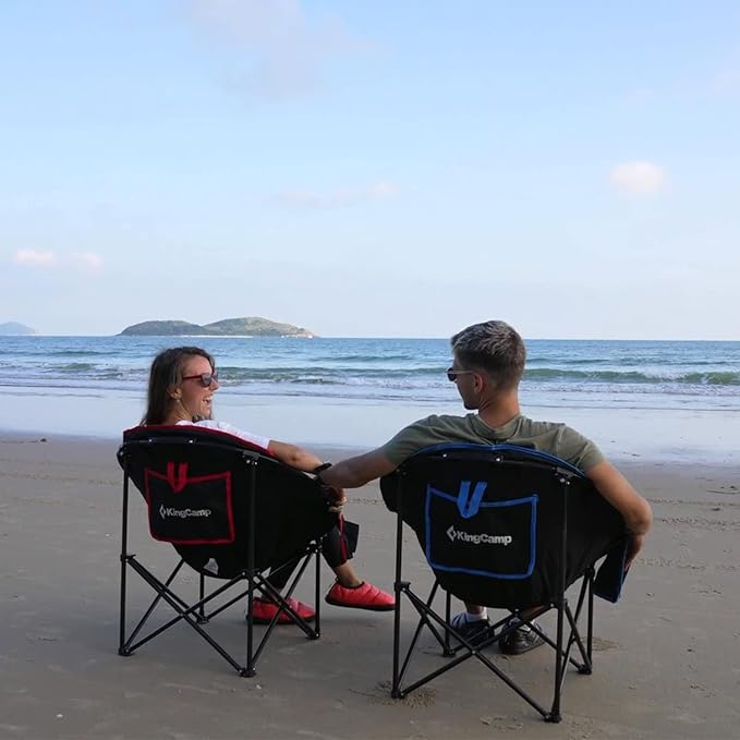 KingCamp Oversized Saucer Round Camping Chair Portable Padded Outdoor Folding Chair for Adult with Cup Holder Back Pocket Carry Bag, Support Up to 300lbs, Blue