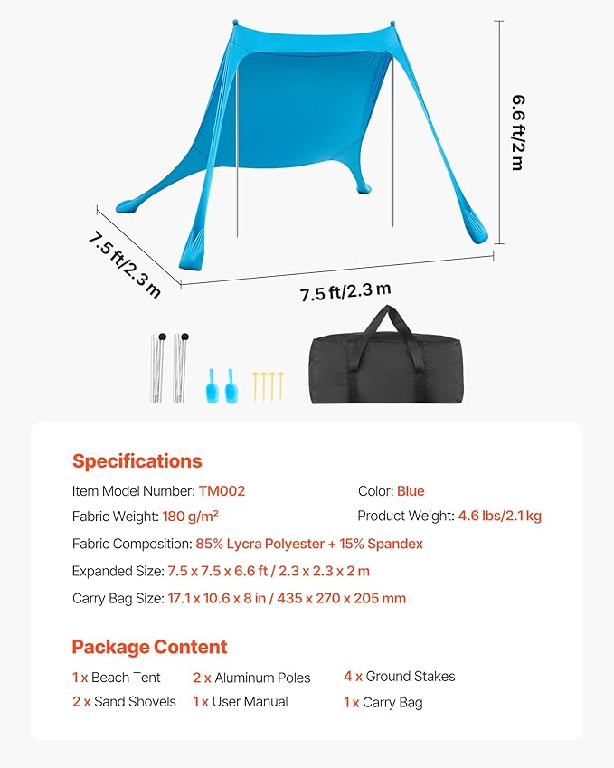 VEVOR Beach Tent Sun Shelter, UPF50+ Sun Protection, 6.6 ft Tall, 7.5x7.5 ft, Easy Pop Up Beach Canopy with Sandbags, Stability Poles, Sand Shovels, Portable Shade for Family Outings, Camping, Fishing
