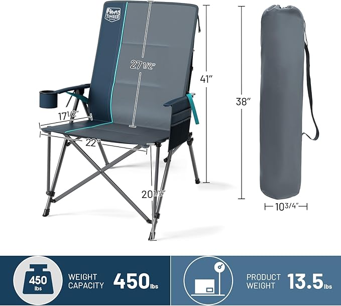 TIMBER RIDGE Oversized Camping Chair with Lumbar Support, Portable Folding Chair Heavy Duty for Adults Supports 450 LBS for Outdoor Camping, Lawn, with High Back, Cup Holder, Side Pocket - Blue, 2Pack