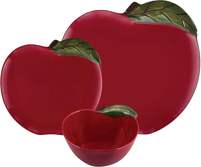 UPware 12 Piece Apple Melamine Dinnerware Sets, Outdoor Dishes Set, Plates and Bowls Sets, Service for 4, Red