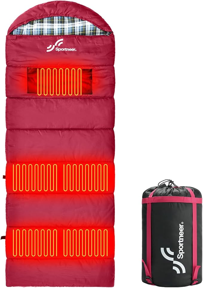Sportneer Heated Sleeping Bag with 5 Heating Zones, Warm Flannel Cold Weather Sleeping Bag for Adults, 3 Heat Levels USB Powered (Power Bank Not Included), Winter Camping & Outdoor Hiking