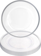 PARTY BARGAINS 13-Inch Charger Plates - 8 Pack, Clear Silver Rim, Heavy-Duty Disposable Chargers for Elegant Dining - Ideal for Weddings and Formal Events