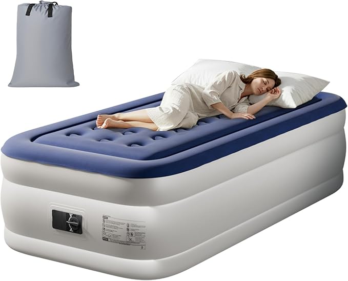 Outvita 18in Twin Air Mattress with Built-in Pump, Quick Assembly Comfort Luxury Blow Up Air Bed Self-Inflation/Deflation - Breathable and Flatness-Free for Guests and Home, Camping, Travel