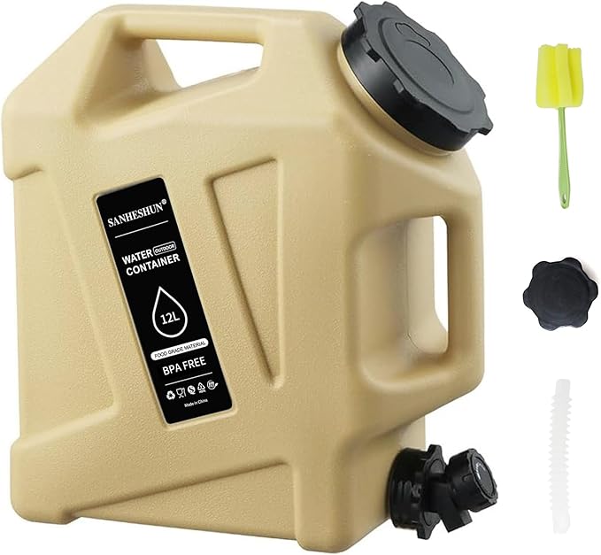 3.2 Gallon Water Jug,12L Portable Water Container with Spigot, Cleaning Brush, Detachable Hose & Extra Lid, Dual Handles Design, BPA-Free Camping Hydration Canteen, Outdoor Tank Storage PE - Khaki