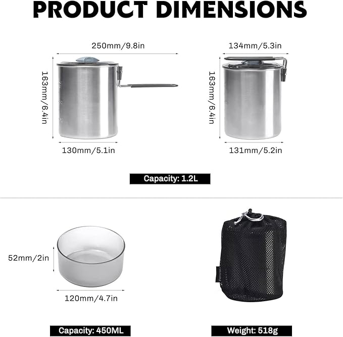 Duo Camping Cooking Set 1.6L Stainless Pot Hiking Picnic Cookware Dishes Tableware Utensil for Tourism