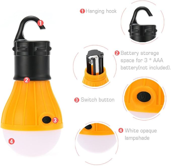 BlueSunshine 4 PCS LED Tent Lamp Camping Light Portable LED Lantern Emergency Light Bulb Battery Operated 3 Mode Night Light for Backpacking Hiking Fishing Shed Playhouse Indoor Outdoor Activities