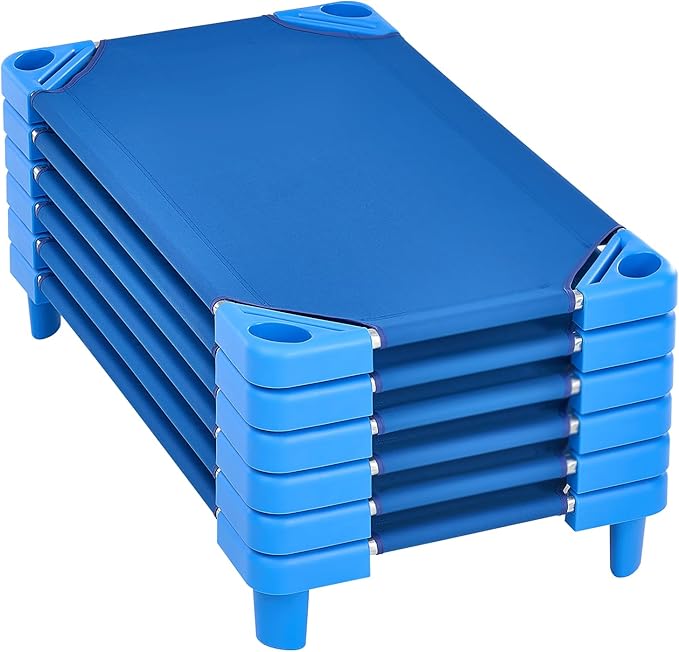 VEVOR Stackable Kiddie Cot, 6 Pack Portable Toddler Nap Cots, Standard Size 40" L x 23" W Daycare Cots for Kids, Preschool Classroom Daycare Beds for Sleeping, Resting, Naptime, Blue