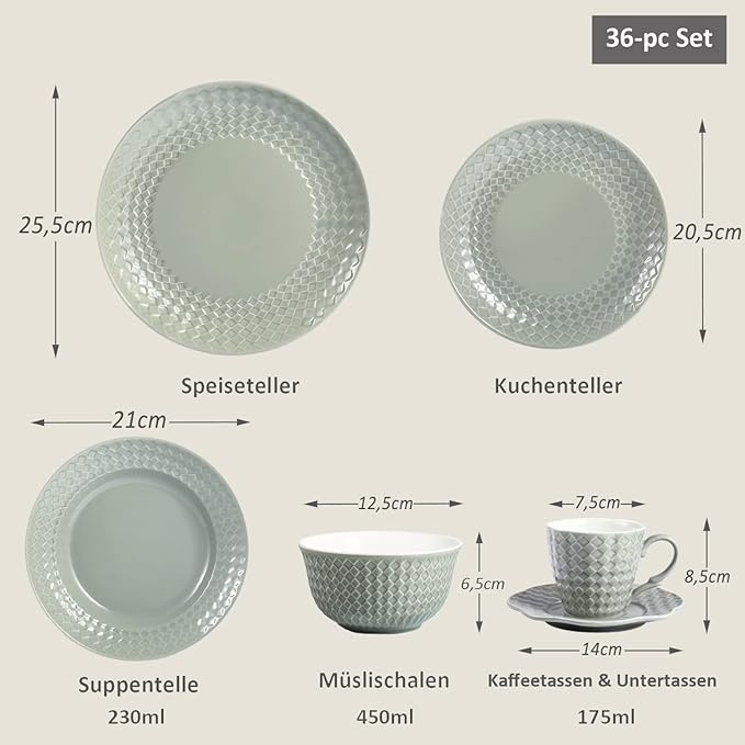 Creative Ceramic Tableware, 36 Pieces Ceramic Full Set of Tableware, Gray-Green Soup Plates, Dinner Plates, Dessert Plates, Cereal Bowls, Coffee Cups, Saucers for 6 People (36 Pcs