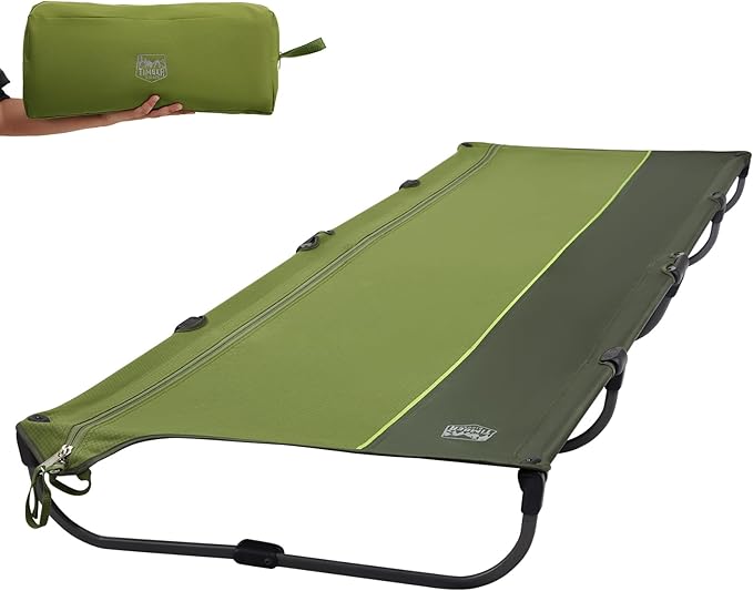 TIMBER RIDGE 20-Second Quick Set-Up Camping Cot, Lightweight Aluminum Folding Cot Low Profile with Zipper Closure, Portable Carry Bag for Camping, Travel and Outdoors, Support up to 225lbs, Green